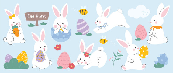 Wall Mural - Cute rabbit and easter element vector set. Hand drawn fluffy rabbit, easter egg, spring flower, carrot, chick, bee. Collection of doodle bunny and adorable design for decorative, card, kids, sticker.