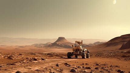 Wall Mural - mars rover moving across space planet surface toward the red planet