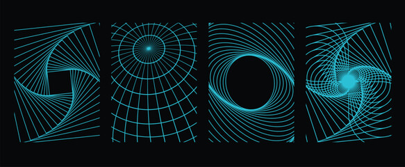 futuristic cyberpunk style background vector set. geometric wireframe of square, distortion, grid wi