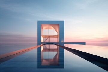 Wall Mural - A futuristic building design with a big swimming pool, water reflection creative photography