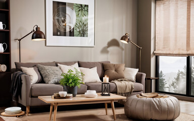 Brown sofa cushion modern Scandinavian style living room in spring