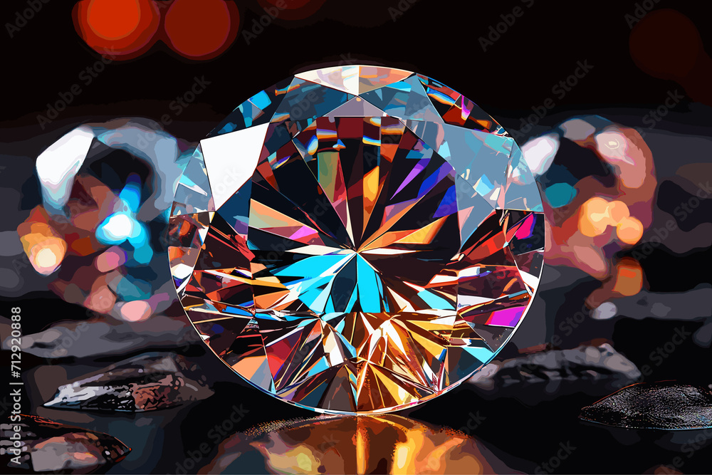 Clear round brilliant cut diamond standing on its point on black mirror ...