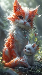 Wall Mural - an orange cat with its kitten sitting in the grass by water