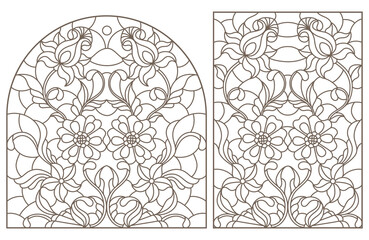 Wall Mural - Set contour illustrations of stained glass with abstract swirls and flowers , dark outlines on a white background