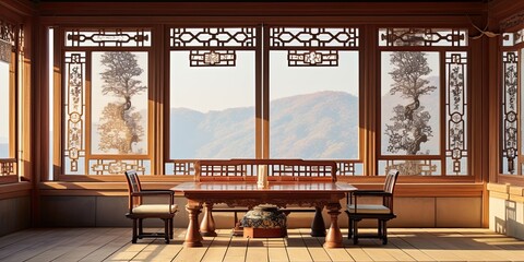 Traditional Korean architecture featuring sliding doors and a small table with chairs in the interior.