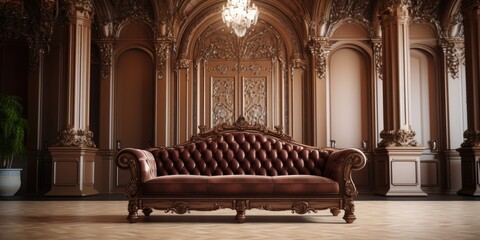 Wall Mural - a classic leather sofa in a large hall with columns in a luxurious mansion interior.