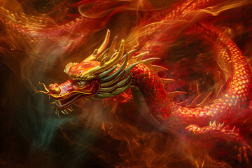 Wall Mural - Chinese dragon statue with fire and smoke on black background, 3d illustration