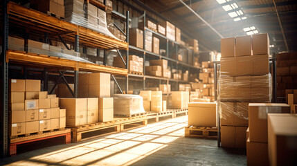 Wall Mural - Interior of a warehouse or industrial building. Distribution center, retail warehouse. Part of the storage and shipping system. Includes a box on a shelf, an empty space and a concrete floor.