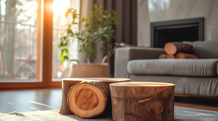 Close up of two tree stump accent coffee tables near grey sofa against window and fireplace. Minimalist loft home interior design of modern living room