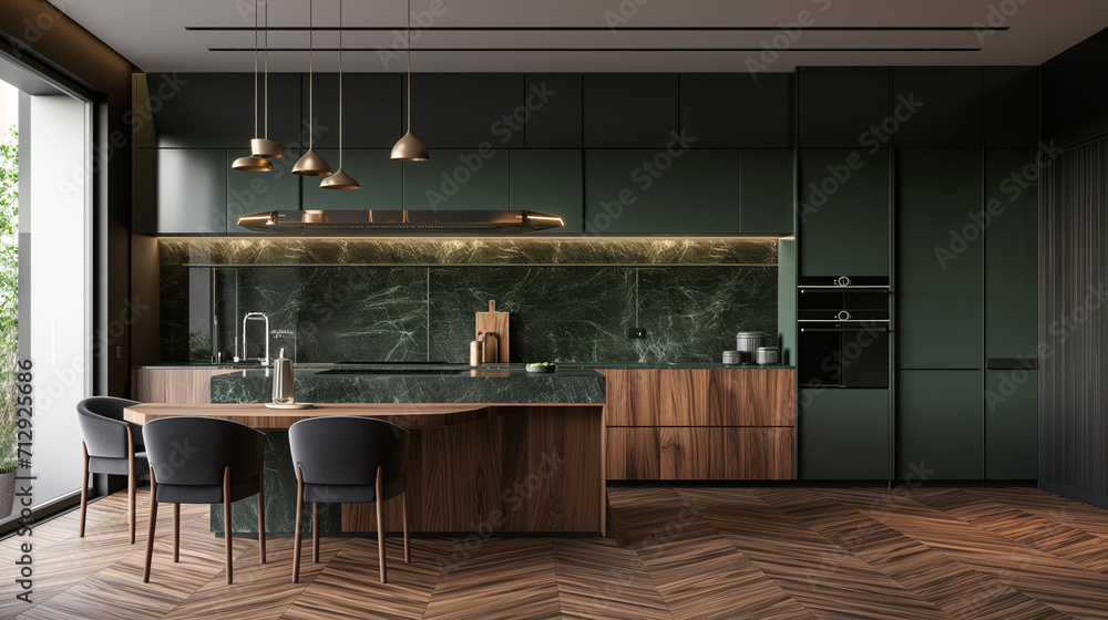 Modern interior design of minimalist wooden and dark green kitchen with ...