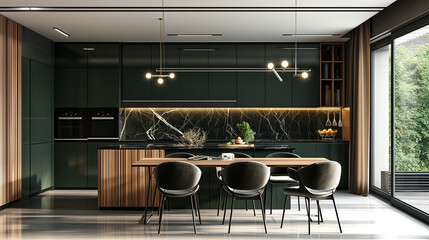 Wall Mural - Modern interior design of minimalist wooden and dark green kitchen with island, black marble backsplash, dining table and chairs