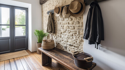 Wall Mural - Wall-mounted coat rack above rustic bench. Farmhouse interior design of modern entrance hall