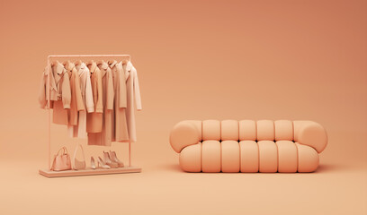 Wall Mural - Apricot crush is trend color of the year 2024. Autumn Clothes hanging on a rack with pastel orange background. Coat, sweater, warm shirt hanging on the hangers. Creative composition. Sale concept	