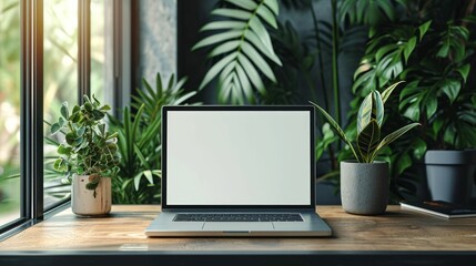 mockup of a laptop with a blank white screen, placed on a home office desk, suitable for displaying 