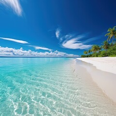 Wall Mural - White sandy beach, clear water, and a pristine sky.