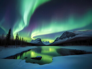 Beautiful Sky with Aurora and Stars - Green Northern Lights Background with Ample Copy Space.