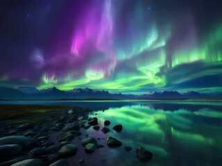 Beautiful Sky with Aurora and Stars - Green Northern Lights Background with Ample Copy Space.