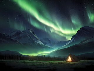 Beautiful Sky with Aurora and Stars - Green Northern Lights Background with Ample Copy Space.