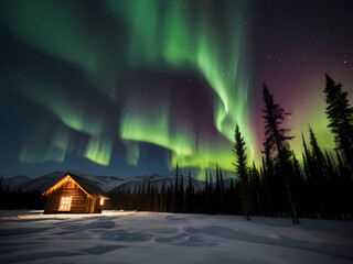 Beautiful Sky with Aurora and Stars - Green Northern Lights Background with Ample Copy Space.
