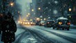 Snowfall in the road of big busy city