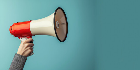 Wall Mural - Megaphone in woman hands on a white background. Copy space.