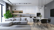 © midart - Scandinavian studio apartment. Interior design of modern living room with dining table and chairs