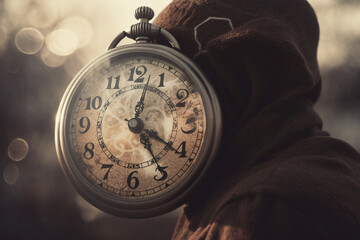Wall Mural - Abstract concept of time passing by. Human silhouette and old clock representing past time. Turn back time concept. Melancholic mood