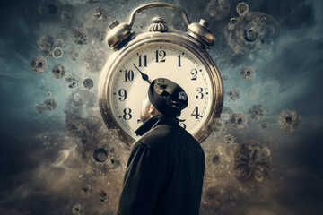 Wall Mural - Abstract concept of time passing by. Human silhouette and old clock representing past time. Turn back time concept. Melancholic mood