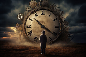 Wall Mural - Abstract concept of time passing by. Human silhouette and old clock representing past time. Turn back time concept. Melancholic mood