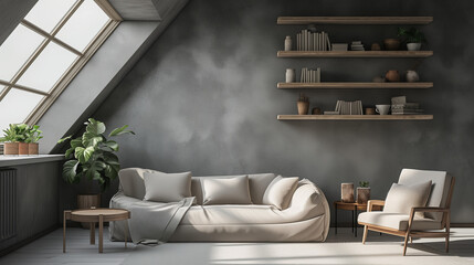 Wall Mural - Sofa and lounge chair against grey wall with rustic shelves. Scandinavian home interior design of modern living room in attic