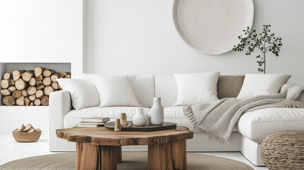 Wall Mural -  White sofa with blanket and wooden coffee table against fireplace with firewood stack. Minimalist scandinavian home interior design of modern living room