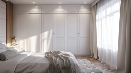 Wall Mural - White wooden wardrobe in scandinavian style interior design of modern bedroom