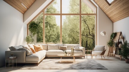 Wall Mural - A Minimalist interior design of Mid-century loft home in a clear loft modern living room in house in forest. a room with morning sunlight streaming through the window.