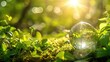 © Crazy Juke - A glass globe adorned with 'save water' icons nestled in a green forest illuminated by sunlight, Ai Generated.