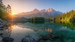 Witness the impressive summer sunrise over Eibsee lake with the backdrop of the Zugspitze mountain range, Ai Generated.