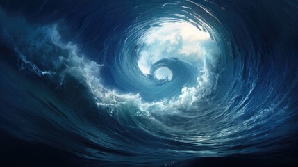 Blue sea waves spiraling into a circular water tornado formation, Ai Generated