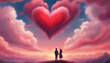 Scene of couple looking heart-shaped clouds , fantasy, valentine day, romantic 