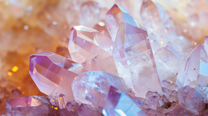 Wall Mural - Macro close-up of natural aura quartz crystal points, crystal cluster, gemstone, mineral, rock formation, rainbow, amethyst, rose quartz, agate, background image, room for copy space, pink, blue