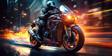 Racer Biker Motorcyclist In Helmet Rides A Sports Motorcycle On Road In A City Race At Night. Speed, Motion Blur