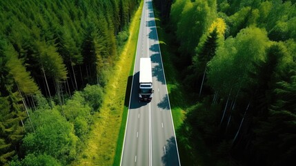 Aerial view of a green truck on a highway slicing through a dense forest.