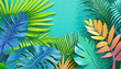 © Logo - Lively tropical leaves on blue; border of vibrant foliage on white with copyspace, minimalistic nature concept, top view.