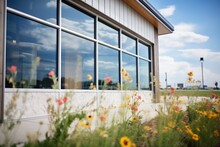 Glass Facade With Ribbon Windows, Wildflowers On Prairie