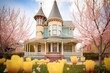 victorian with a turret surrounded by blooming spring flowers
