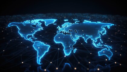 World map with glowing contours and binary data stream. Technology and globalization concept.