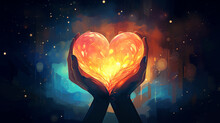 
A Warm And Compassionate Illustration Of A Hand Cradling A Heart Shape, Burning Heart In The Fire