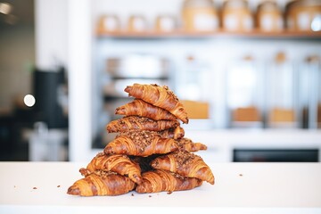 stack of chocolate croissants in a bakery display