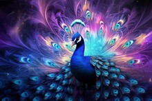 A Majestic Peacock Dissolving Into Teal And Violet Fractal Mist, In Neo Impressionism Style.