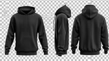 Set Of Black Front And Back View Tee Hoodie Hoody Sweatshirt On Transparent Background Cutout, PNG File. Mockup Template For Artwork Graphic Design
