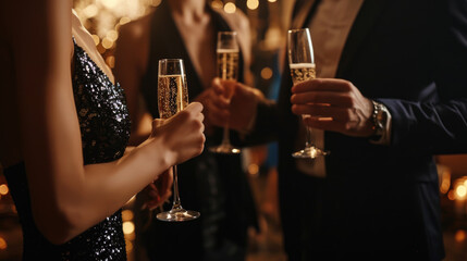Wall Mural - Close-up of two people in formal attire toasting with champagne glasses.