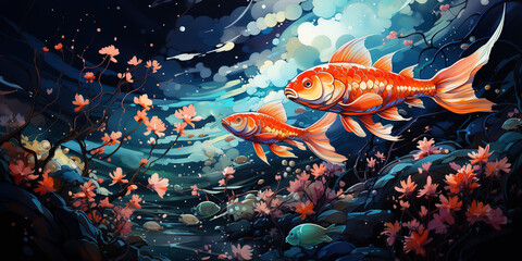 Wall Mural - exotic tropical goldfish gold fish swims underwater in ocean in an aquarium